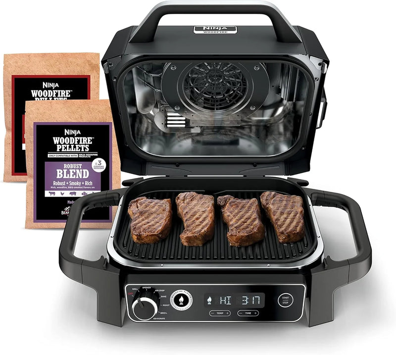 The wood-fire professional outdoor grill is equipped with an internal thermometer. It is a 7-in-one multi-functional grill, a barbecue smoker, an outdoor air fryer, featuring baking, roasting, dehydrating and grilling functions. It adopts the wood-fi F69