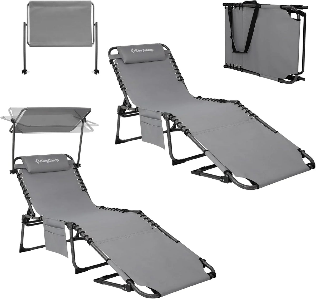 2-Seater Sun Chair with Facial Opening, Outdoor Foldable Portable Lounge Chair, Adjustable Five-Legged Folding Chair, With Sunshade, Suitable for Outdoor Beach, Gray Version