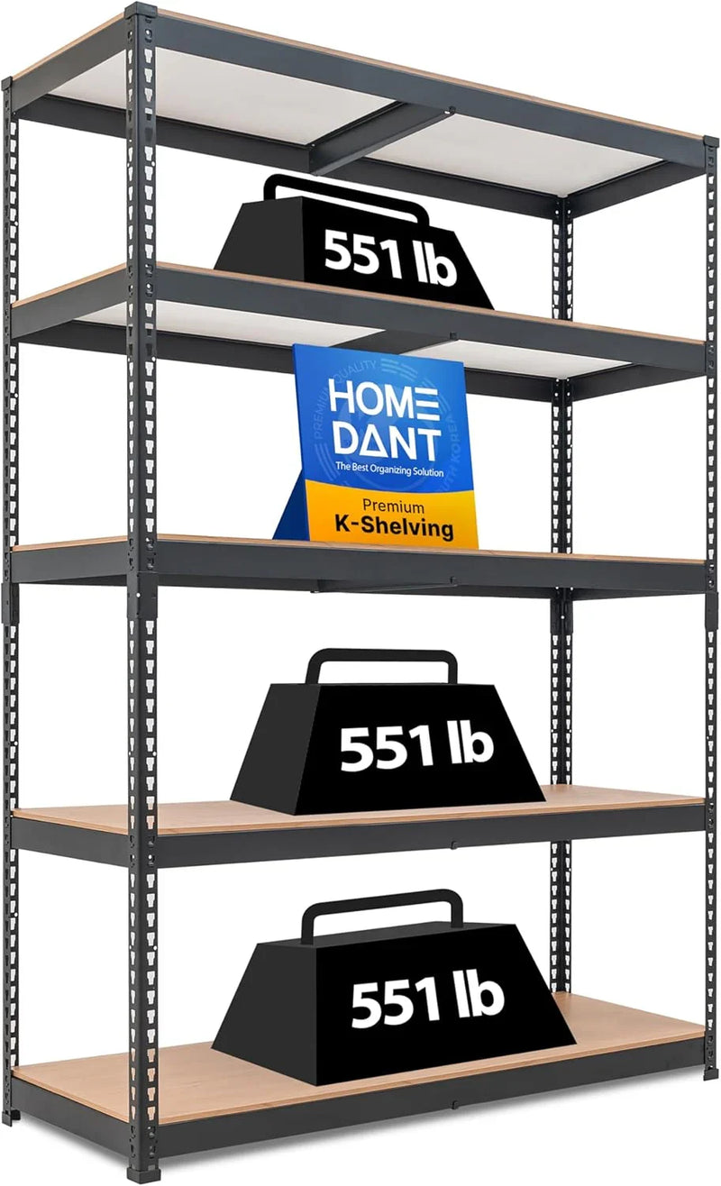 5 Layered laminated boltless heavy-duty vehicle storage adjustable wide-size metal shelf unit utility rack shelving storage multi-functional shelf shed storage area 47.7 inches wide x 18.2 inches deep x 71.3 inches high Black Y3295