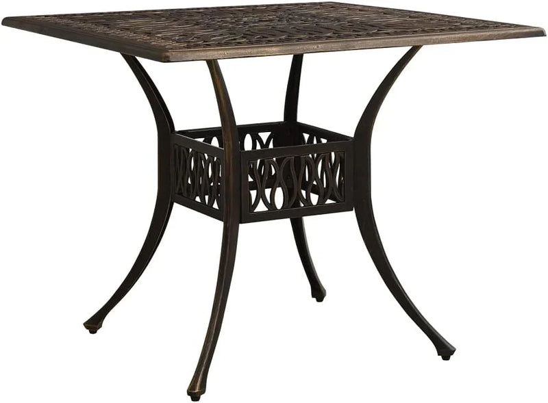 Bronze terrace table, made of cast aluminum, suitable for outdoor use, square design, stable and durable, with dimensions of 35.4 inches × 35.4 inches × 28.7 inches, equipped with umbrella holes, requires assembly. S8172