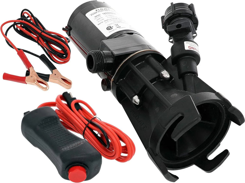 18555-000A - 12V DC waste pump, suitable for camper vans / motorhomes - Can empty a 40-gallon water tank in 5 minutes - Output flow rate 9 gallons per minute - 3/4 inch garden hose interface - Stainless steel grinder, self-priming, remote switch M8344