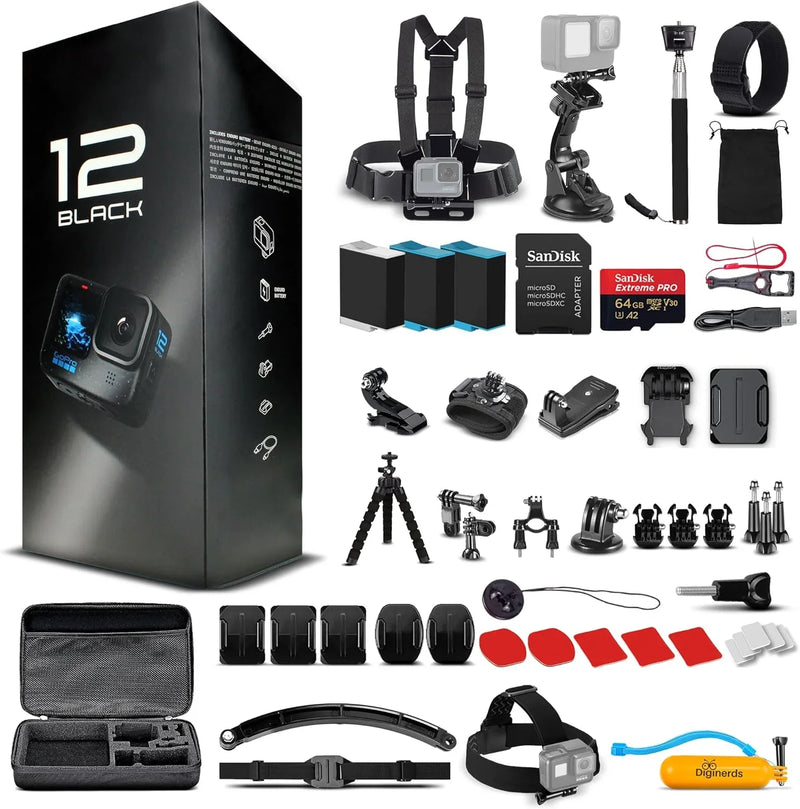 Equipped with a 50-piece accessory kit, 2 spare batteries and a 64GB memory card - a waterproof action camera - 5.3K HDR, 27 million pixels of photos, 1/1.9-inch sensor, live streaming function, webcam, and shake-proof function Q3774