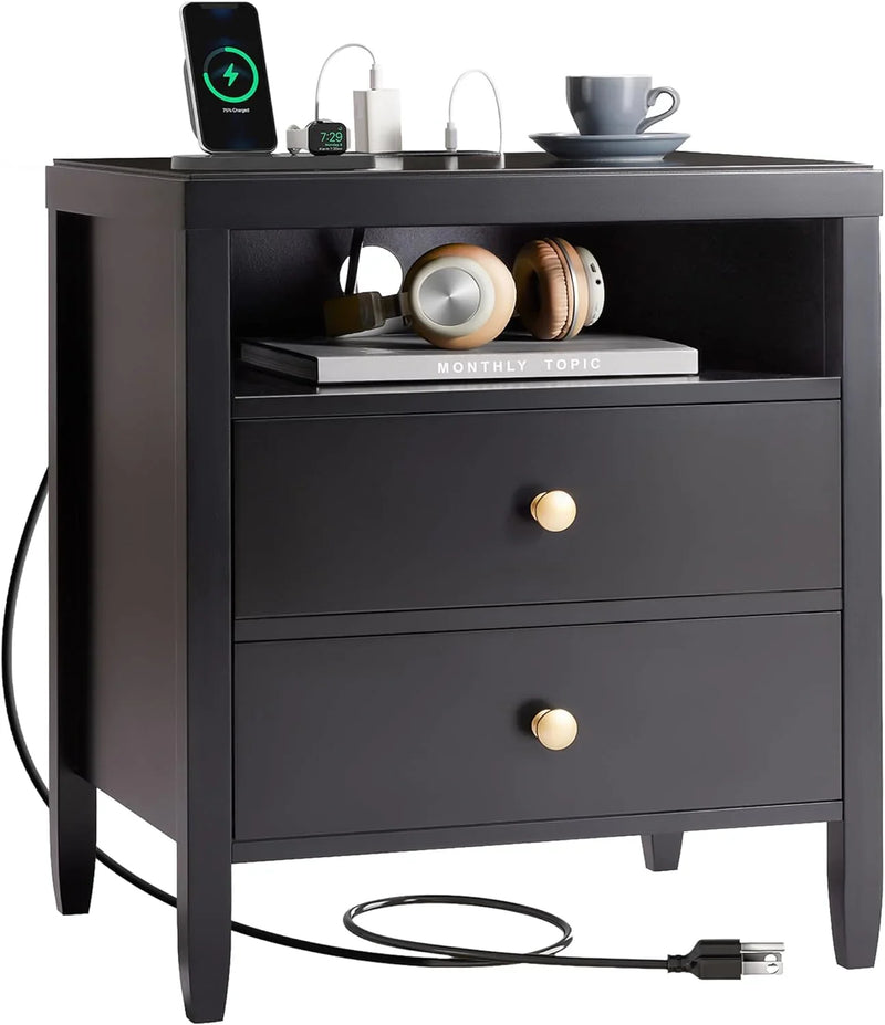 Modern bedside table with black metal finish - 2-piece set Q8179