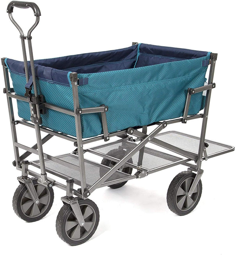 A foldable double-layer outdoor multi-functional truck, equipped with a long lower shelf, in blue-green color. A6671