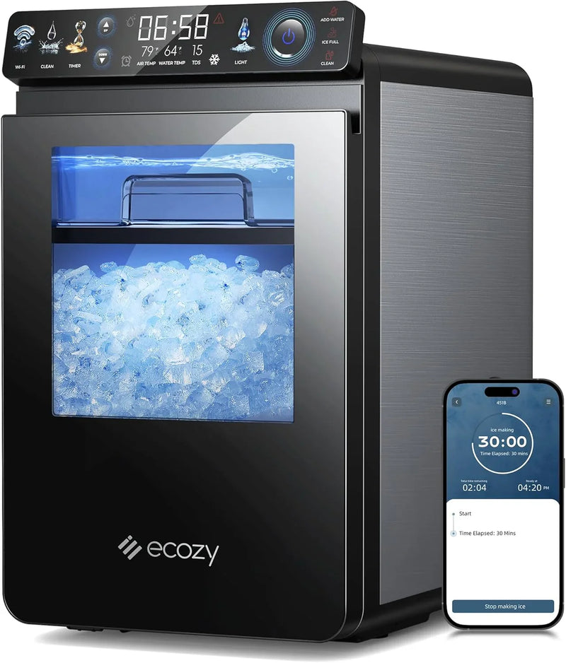 Nugget Ice Maker Countertop, Smart Pebble Ice Machine with APP Control, 44 lbs/24H Soft Pellet Chewable Ice with Self-Cleaning, Stainless Steel Q7219