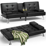 Futon Sofa Bed, Leather Futon Couch with Removable Armrests, Adjustable Recliner Sleeper Sofa Bed with Dual Cup Holders Room, Apartment, Office (Black)