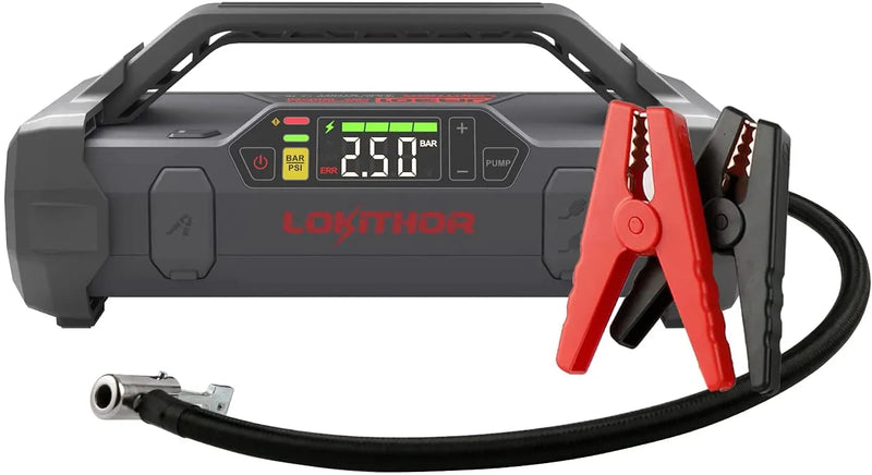 Jump Starter 2000Amp 20000mAh 12V Car Battery Booster Pack for Upto 8L Gas or 6L Diesel, 150 PSI Air Compressor with Damping Technology,Portable Power Bank with Handle Bar and Emergency Light E2053