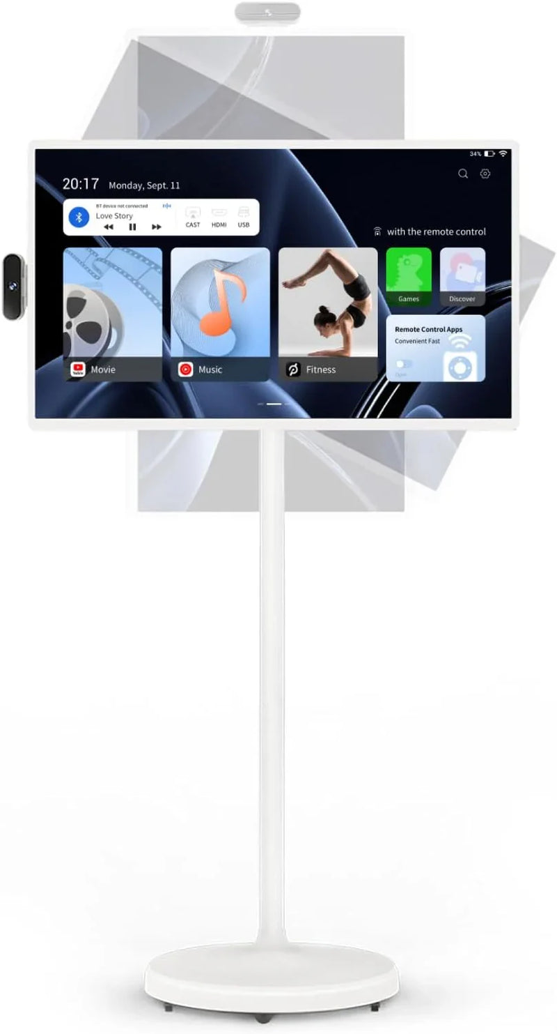 32-Inch Portable TV, 1080P FHD Rolling TV on Wheels with Rotatable Touch Screen, Android 13 OS, 8G RAM 128G Storage, Built-in Battery, Full Swivel Rotation, Voice Remote S1115
