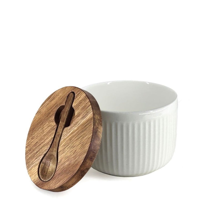 Porcelain Salt/Herb Keeper with Spoon & Acacia Lid, Dishwasher Safe V5639
