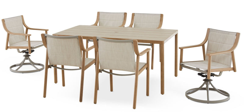 Sauble Sling Outdoor Patio Dining Set with Swivel Chairs and Umbrella Hole, Tan, 7-pc G5487