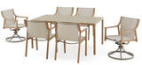 Sauble Sling Outdoor Patio Dining Set with Swivel Chairs and Umbrella Hole, Tan, 7-pc