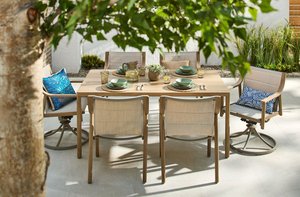 Sauble Sling Outdoor Patio Dining Set with Swivel Chairs and Umbrella Hole, Tan, 7-pc