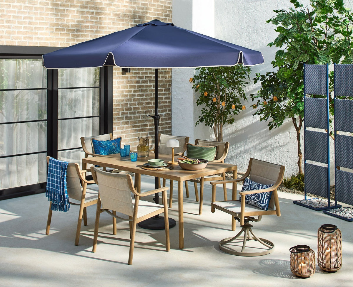 Sauble Sling Outdoor Patio Dining Set with Swivel Chairs and Umbrella Hole, Tan, 7-pc
