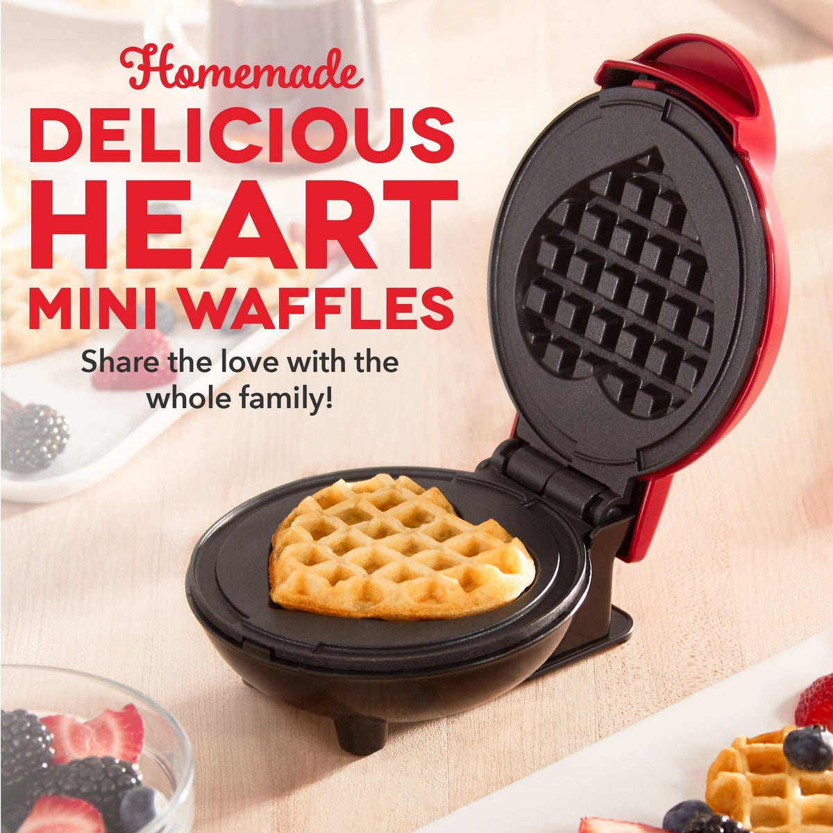 Heart Compact Mini, Non-Stick Waffle Maker, Red