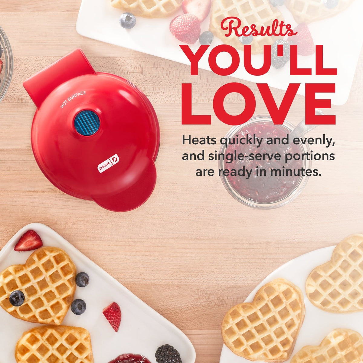 Heart Compact Mini, Non-Stick Waffle Maker, Red