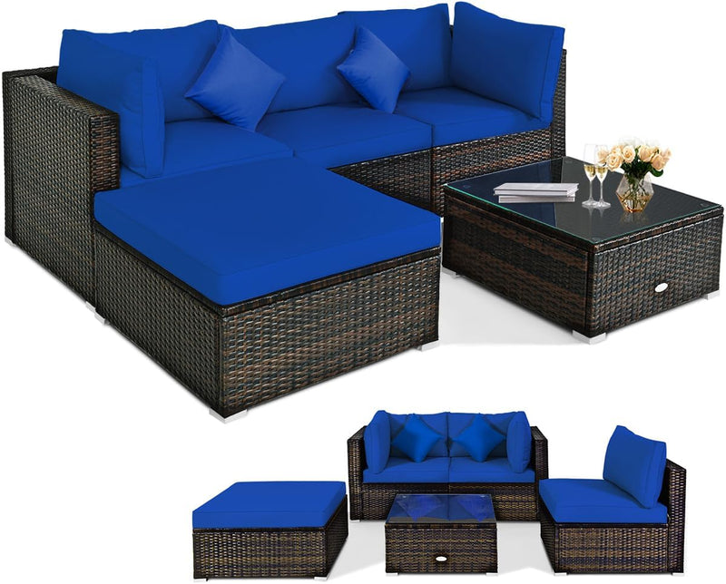 5 pieces of outdoor patio furniture, L-shaped rattan three-seater sofa with tempered glass coffee table, footstool, 3 single chairs, rattan outdoor party set, suitable for backyard, porch, balcony, black version Y2110