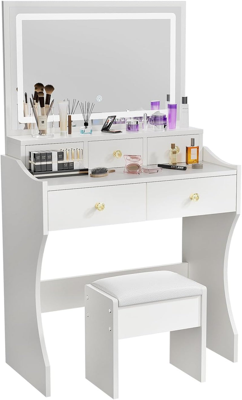 Makeup Table with Extra Large Mirror and Lights, 80cm Dressing Table with Stool J5321