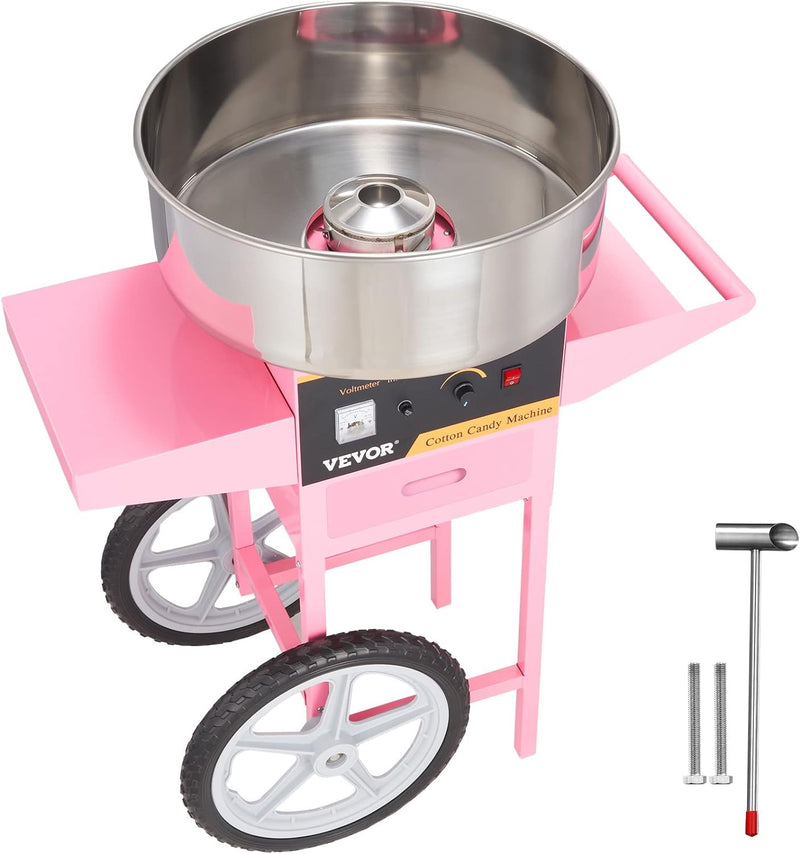 Electric Cotton Candy Machine with Cart, 1000W Commercial Floss Maker with Stainless Steel Bowl, Sugar Scoop and Drawer, Perfect for Home, Kids Birthday, Family Party, Pink K2201