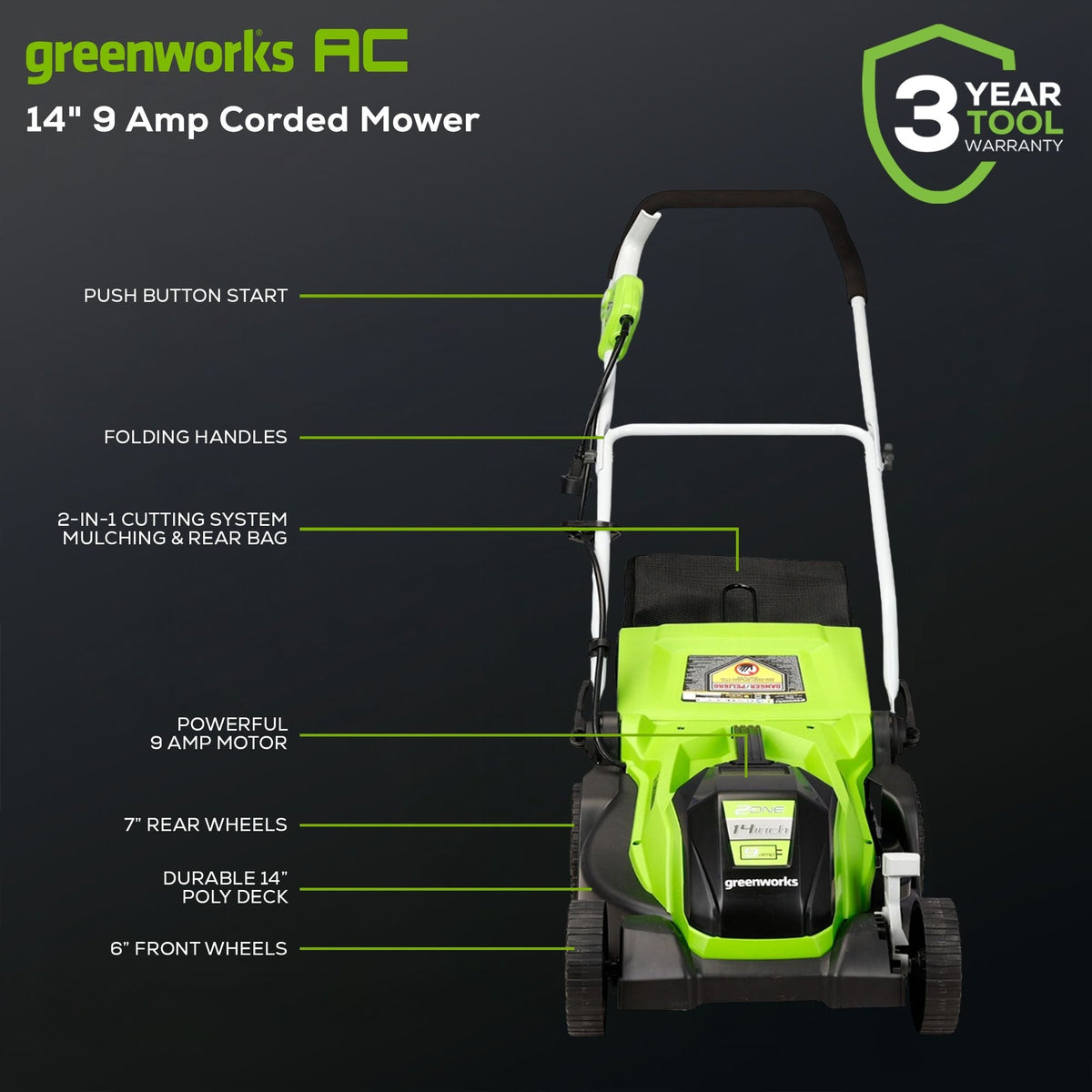 9A 2-in-1 Corded Lawn Mower, 14-in
