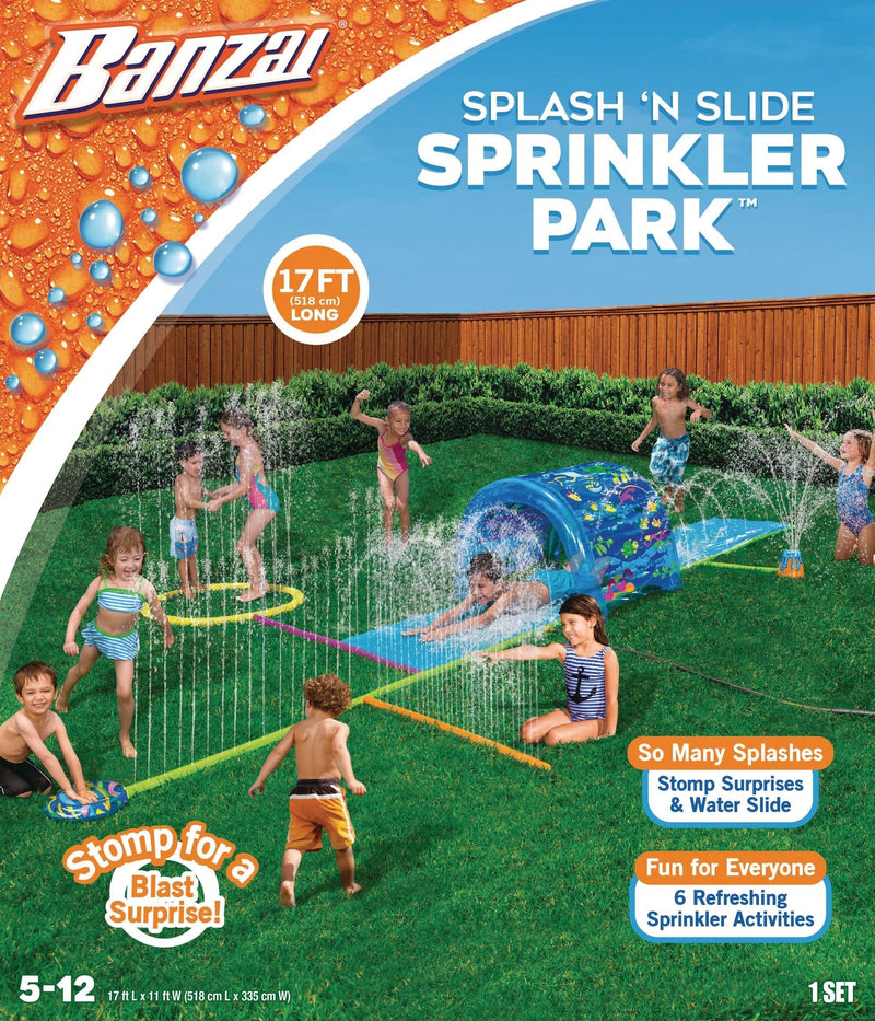 Inflatable Splash ‘N Slide Water Sprinkler Park, Blue, 17-ft, Ages 5+, for Beach/Pool Fun Activities V8031