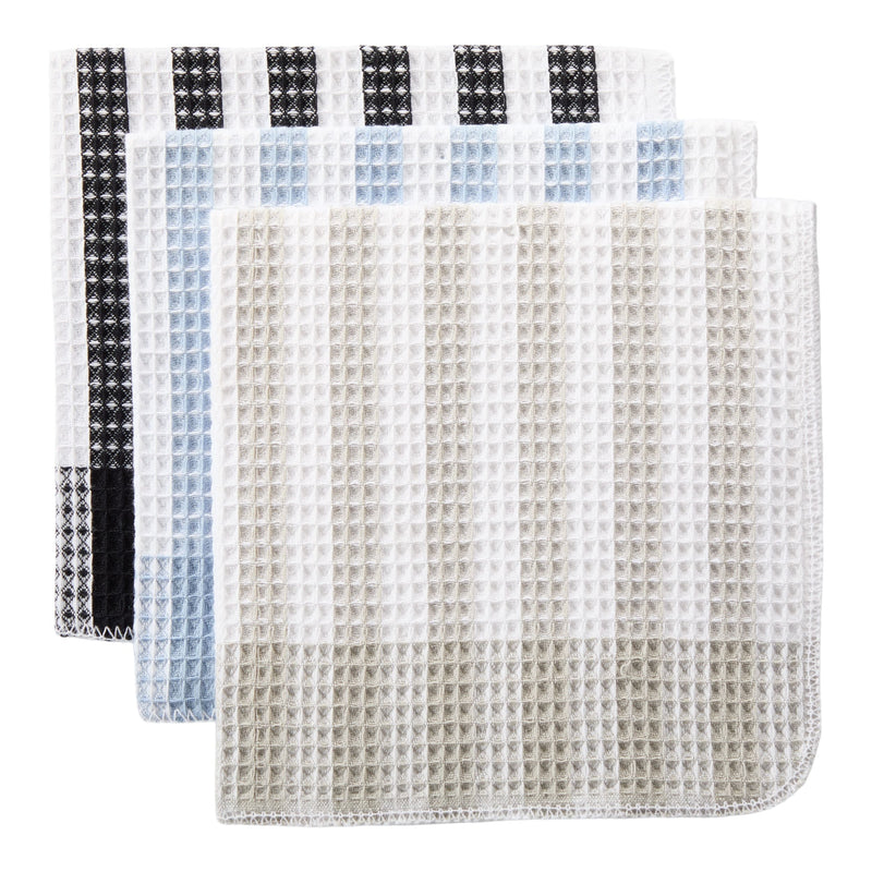 Waffle Checkered Cotton Dish Cloths, Black, Grey & Blue, 14-in, 12-pk R115