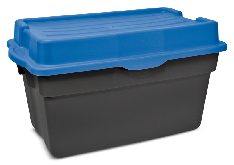 Heavy Duty Stackable Storage Box with Hinged Lid, 132-L, Black/Blue W3379