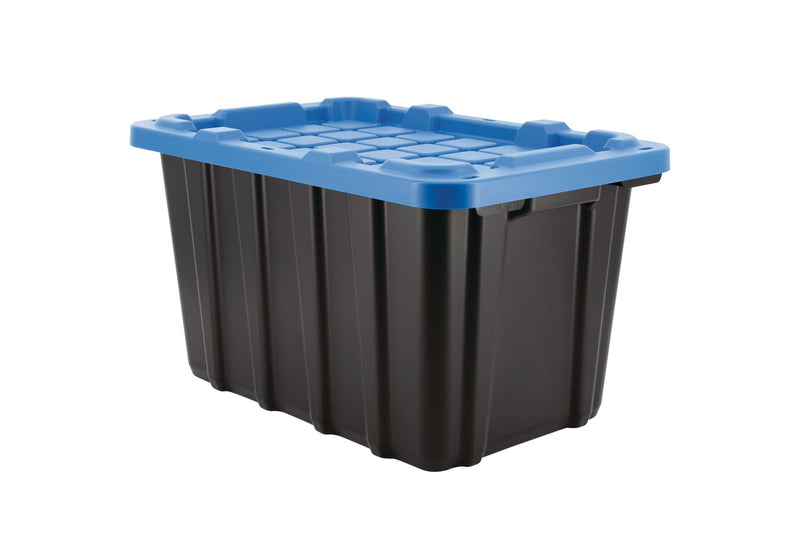 Heavy Duty Stackable Storage Box with Lid, 45-L, Black/Blue O3694