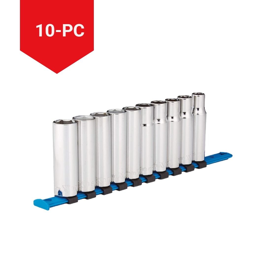 1/2-in Drive 6 Pt. Deep Socket Set, Metric, Nickel-Chrome Plating, 10-pc