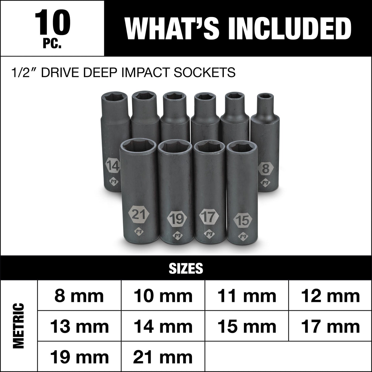 1/2-in Drive Deep Impact Socket Set, Metric, 10-pc