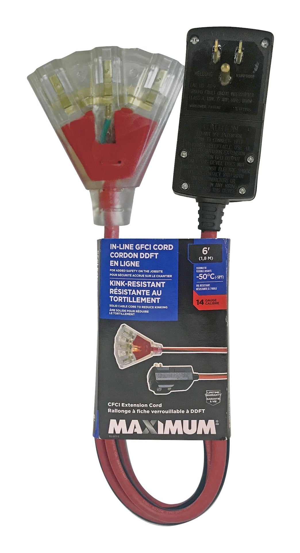 6-ft 14/3 Outdoor GFCI Extension Cord with 3 Grounded Outlets, Lighted End, Block/Red