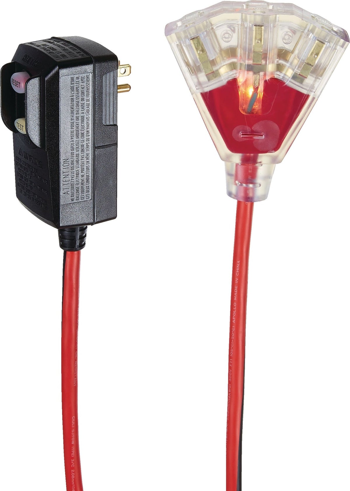 6-ft 14/3 Outdoor GFCI Extension Cord with 3 Grounded Outlets, Lighted End, Block/Red