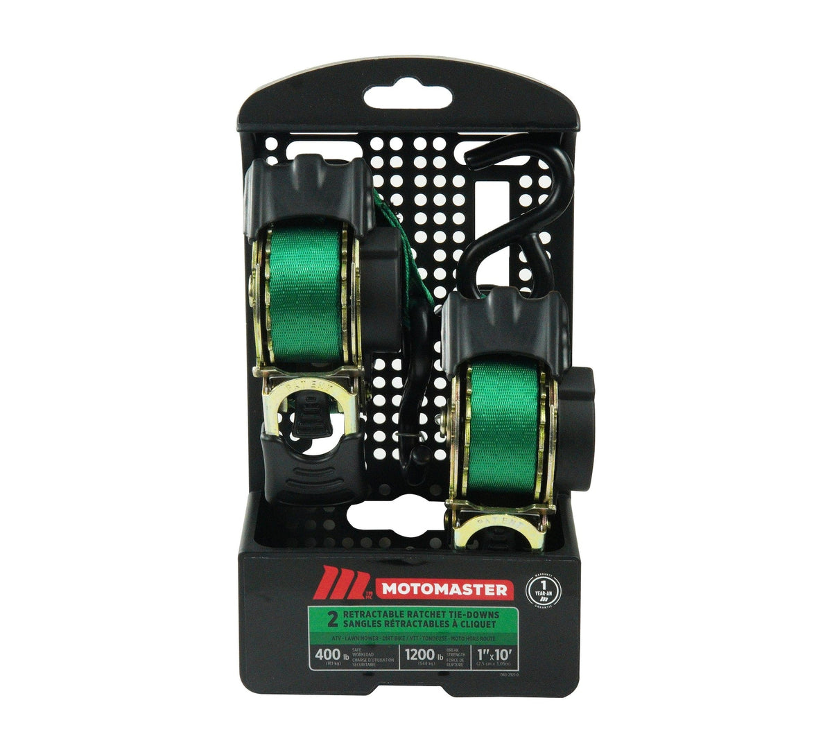 1,200-lb Retractable Ratchet Tie Down Straps, 1-in x 10-ft (2.54 cm x 3 m), 2-pk