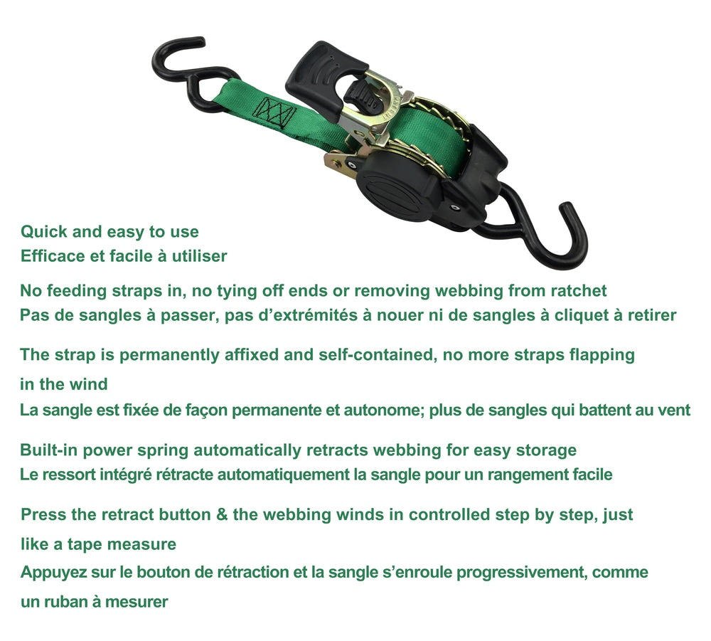 1,200-lb Retractable Ratchet Tie Down Straps, 1-in x 10-ft (2.54 cm x 3 m), 2-pk