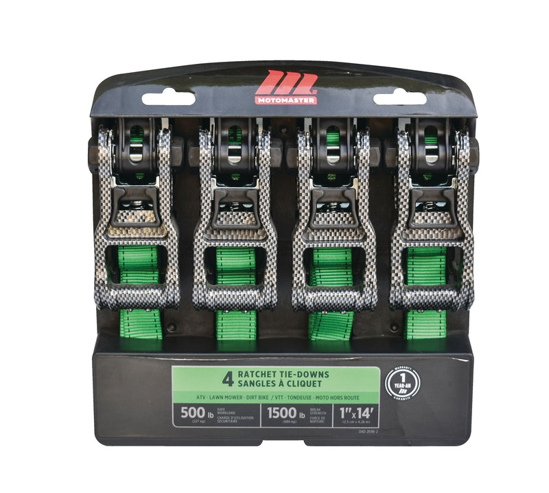 1,500-lb Carbon Ratchet Tie Downs, Weatherproof, 1-in x 14-ft, 4-pk, Green G9158