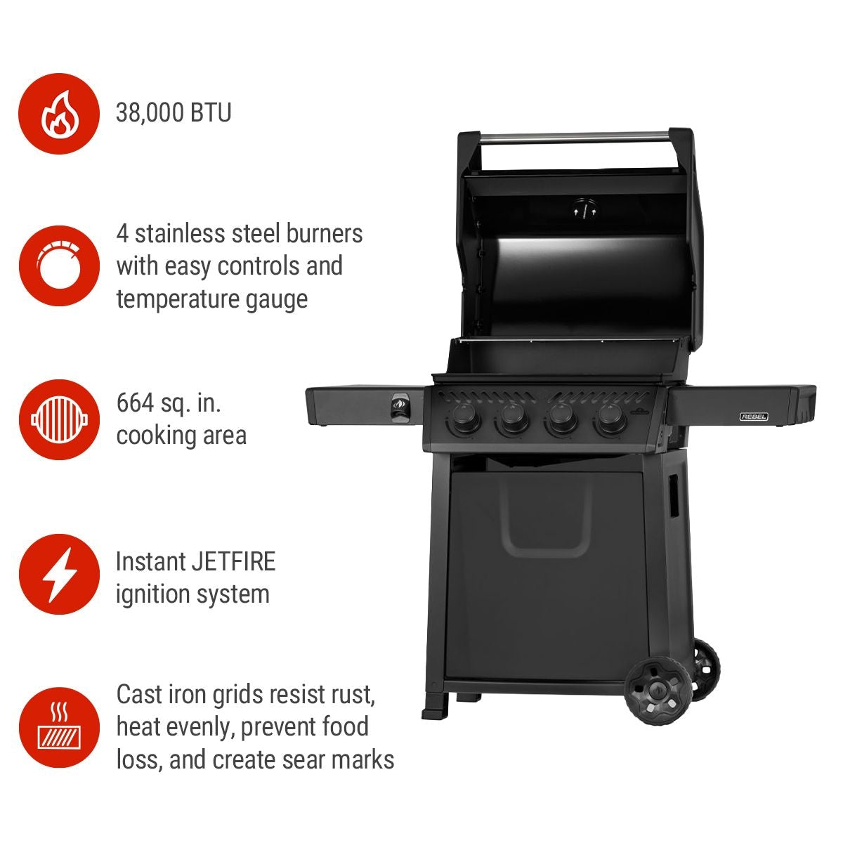 Rebel 425 4-Burner LP Gas BBQ, Matte Black