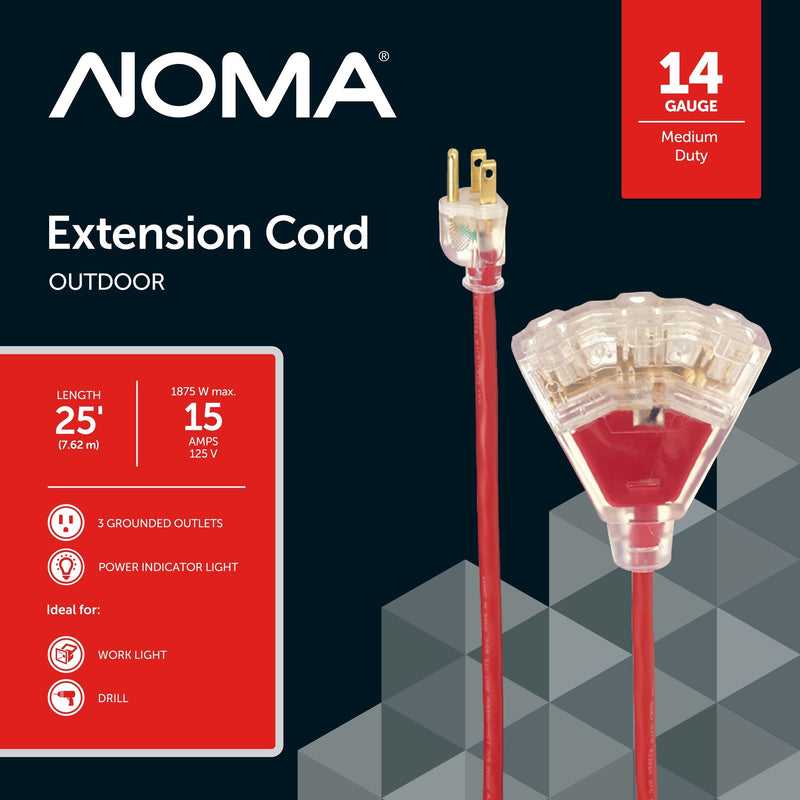 14/3 Outdoor Extension Cord with 3 Grounded Outlets & Lighted End, Red R202