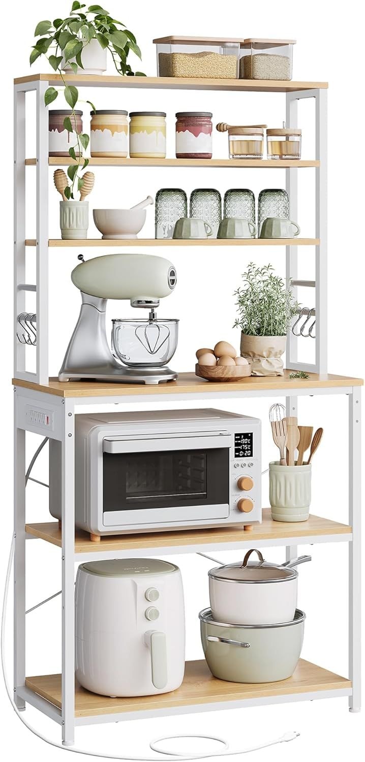 Home Oak/White Baker's Rack with 4 AC Outlets R3659