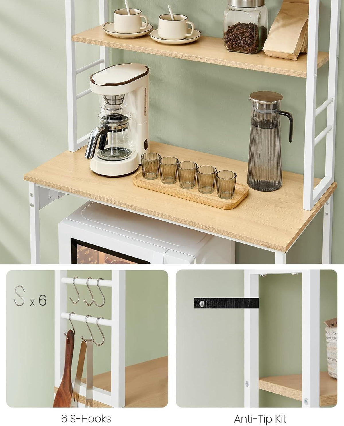 Home Oak/White Baker's Rack with 4 AC Outlets