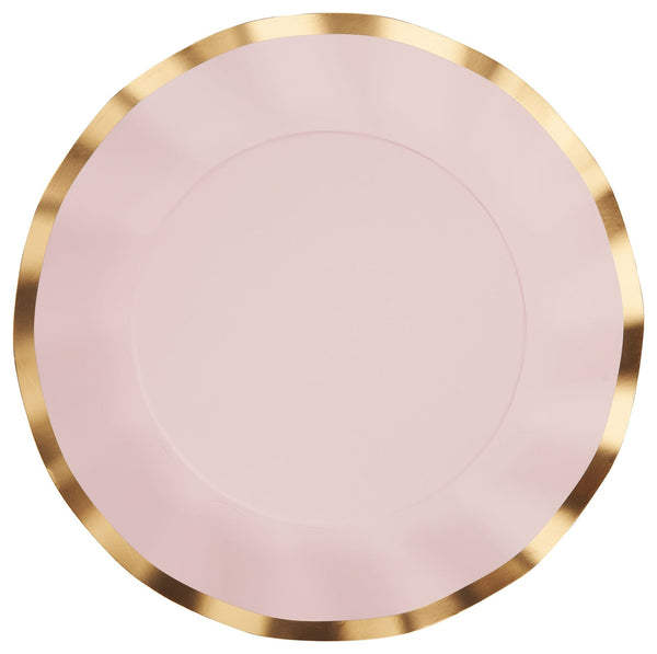 Round Bordered Trimmed Paper Disposable Dinner Plates, Pink/Gold, 10-in, 8-pk, for Valentine's Day/Bridal Shower/Baby Shower D5679