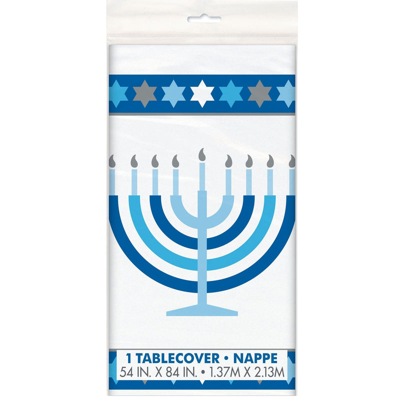 Starry Rectangle Plastic Reusable Table Cover, White/Blue, 54x108-in, for Hanukkah L1553