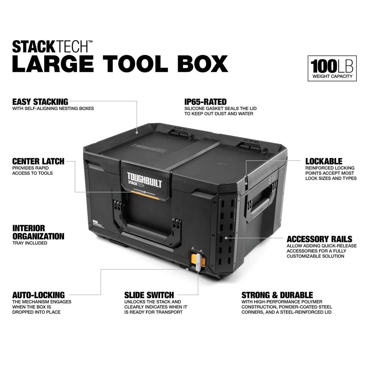 Middle Portable Modular Plastic/Metal Tool Box with Inner Tray, IP65-Rated, Black