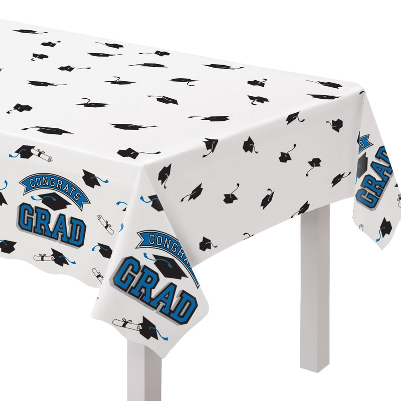 True to Your School "Congrats Grad" Rectangle Plastic Reusable Table Cover, Navy, 54x84-in, for Graduation U6842