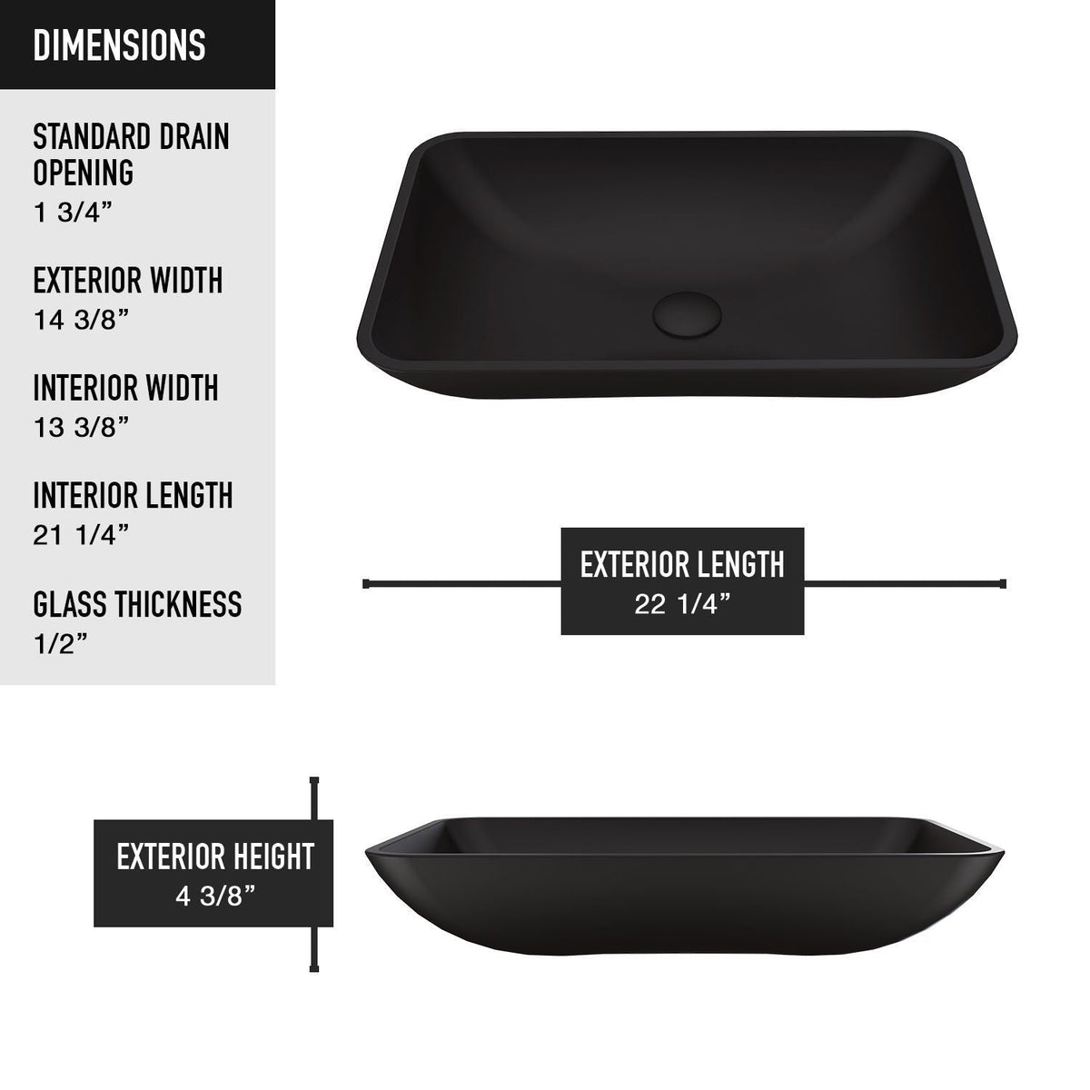 Hadyn Glass Rectangular Vessel Bathroom Sink/Basin with Rounded Edges & Deep Bowl, Black