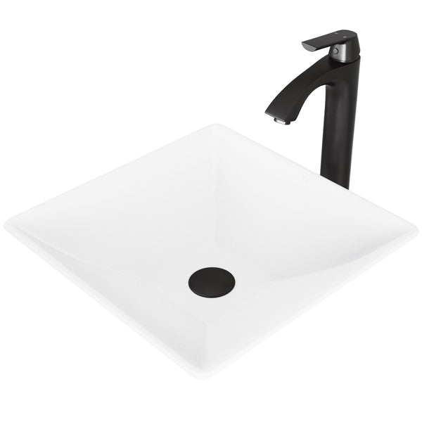 Hibiscus White Bathroom Sink/Basin Set with Linus Faucet and Square Composite Vessel N5347