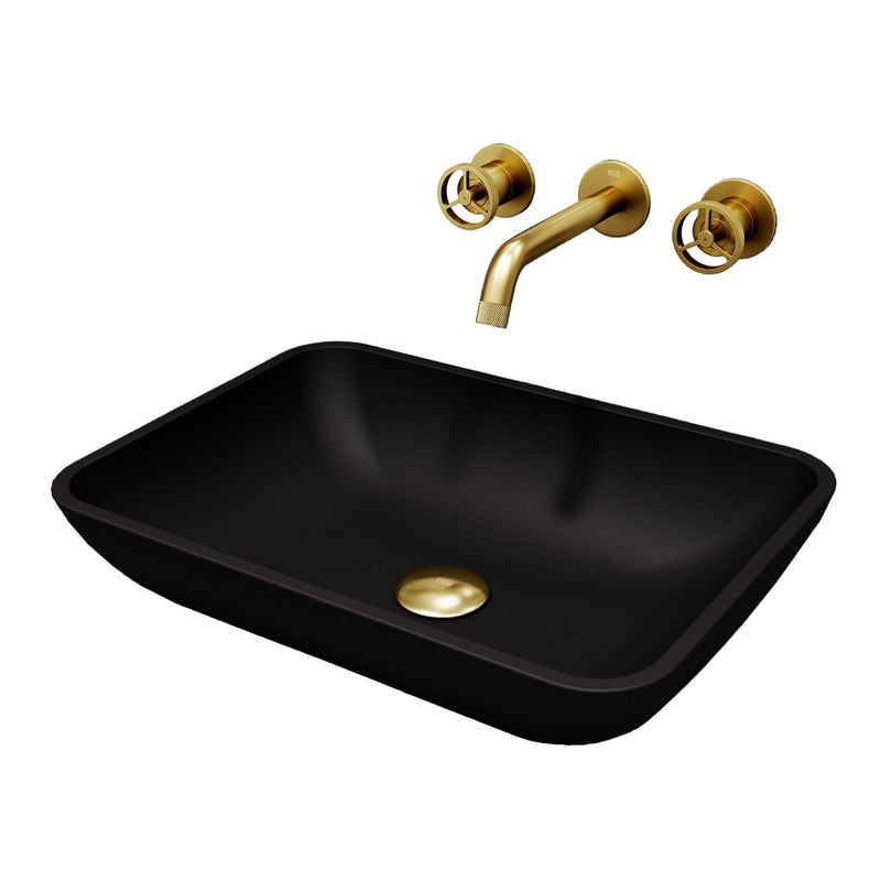 Sottile Matte Black Bathroom Sink/Basin Set with Cass Wall Mount Faucet and Glass Rectangular Vessel D2232